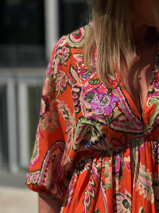 Robe orange imprimée paillettes  ASHLEY