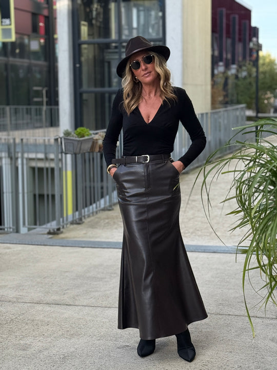 Jupe similicuir longue évasée Choco 2001