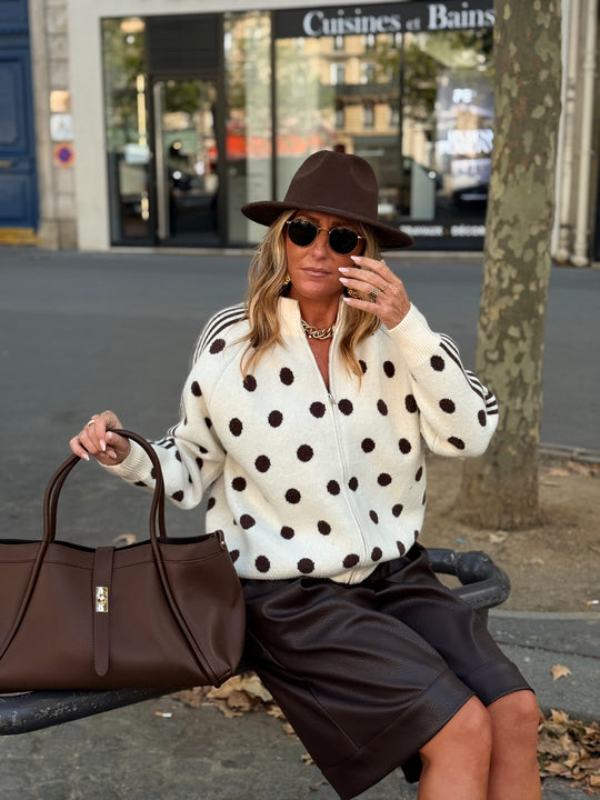 Pull gilet à pois beige/choco 2719
