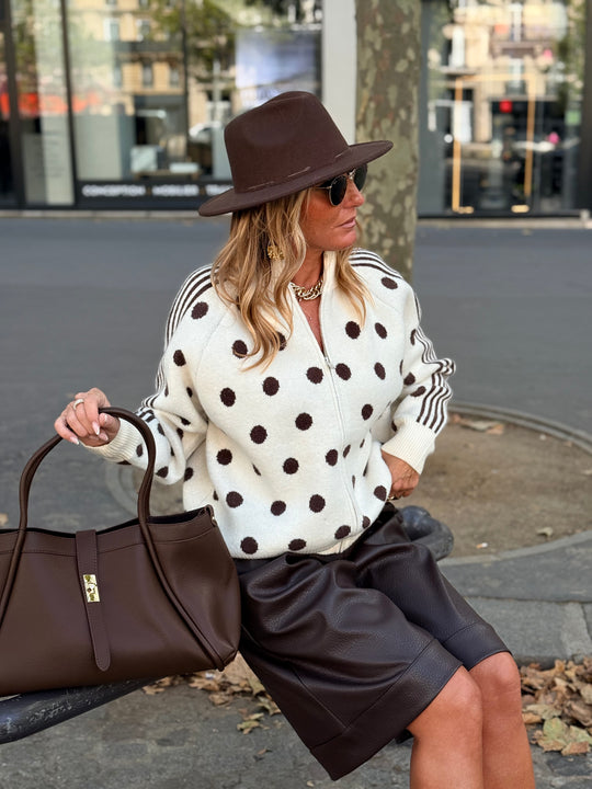 Pull gilet à pois beige/choco 2719