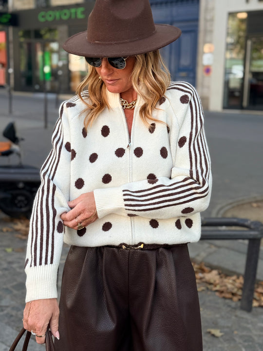 Pull gilet à pois beige/choco 2719