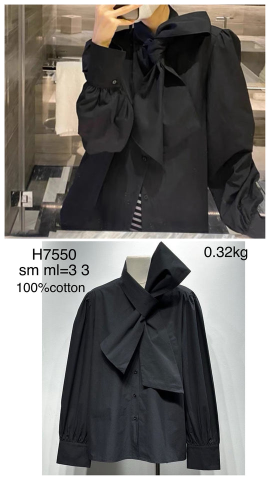 Chemise noir nouée au col / H7550