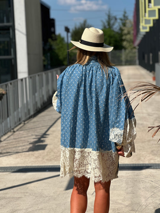 Robe jean bleue foncé avec broderie  R5910