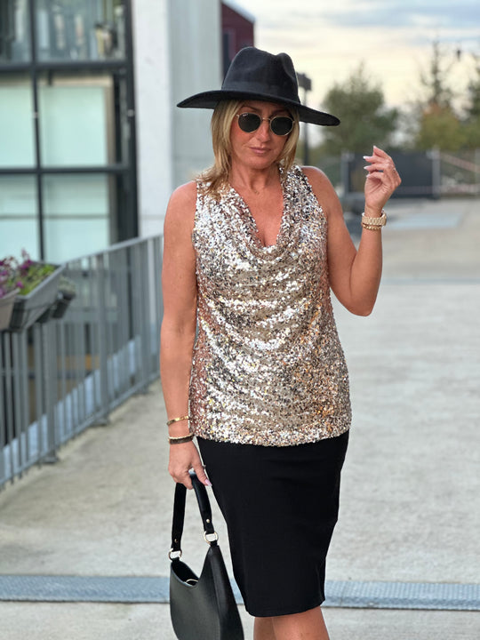 Top sequin col drapé