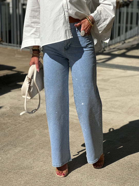 Jean droit strass Bleu MG717 (strass devant)