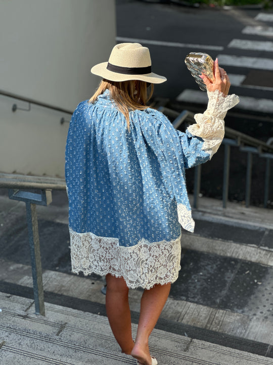 Robe jean bleue foncé avec broderie  R5910