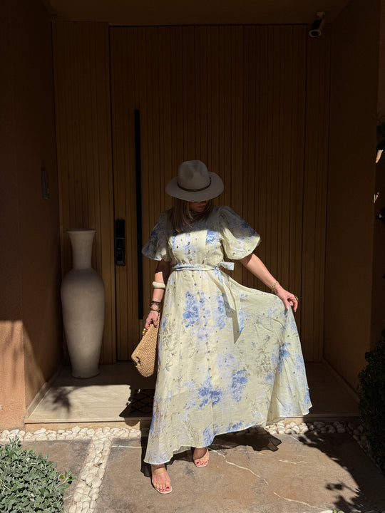 Robe bohème imprimée manches bouffantes 10205 JAUNE