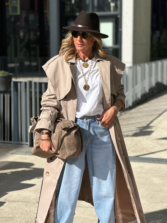 Trench long taupe avec cape 3159