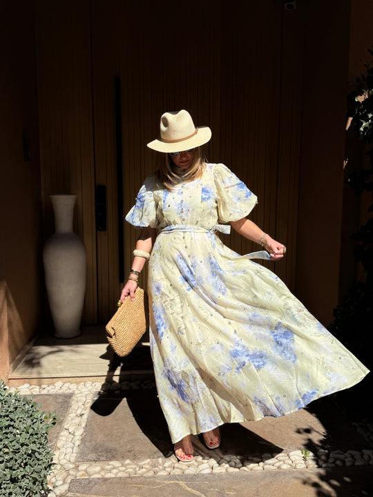 Robe bohème imprimée manches bouffantes 10205 JAUNE