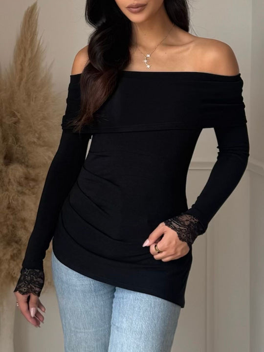 Top col bateau manches dentelle Noir 2502