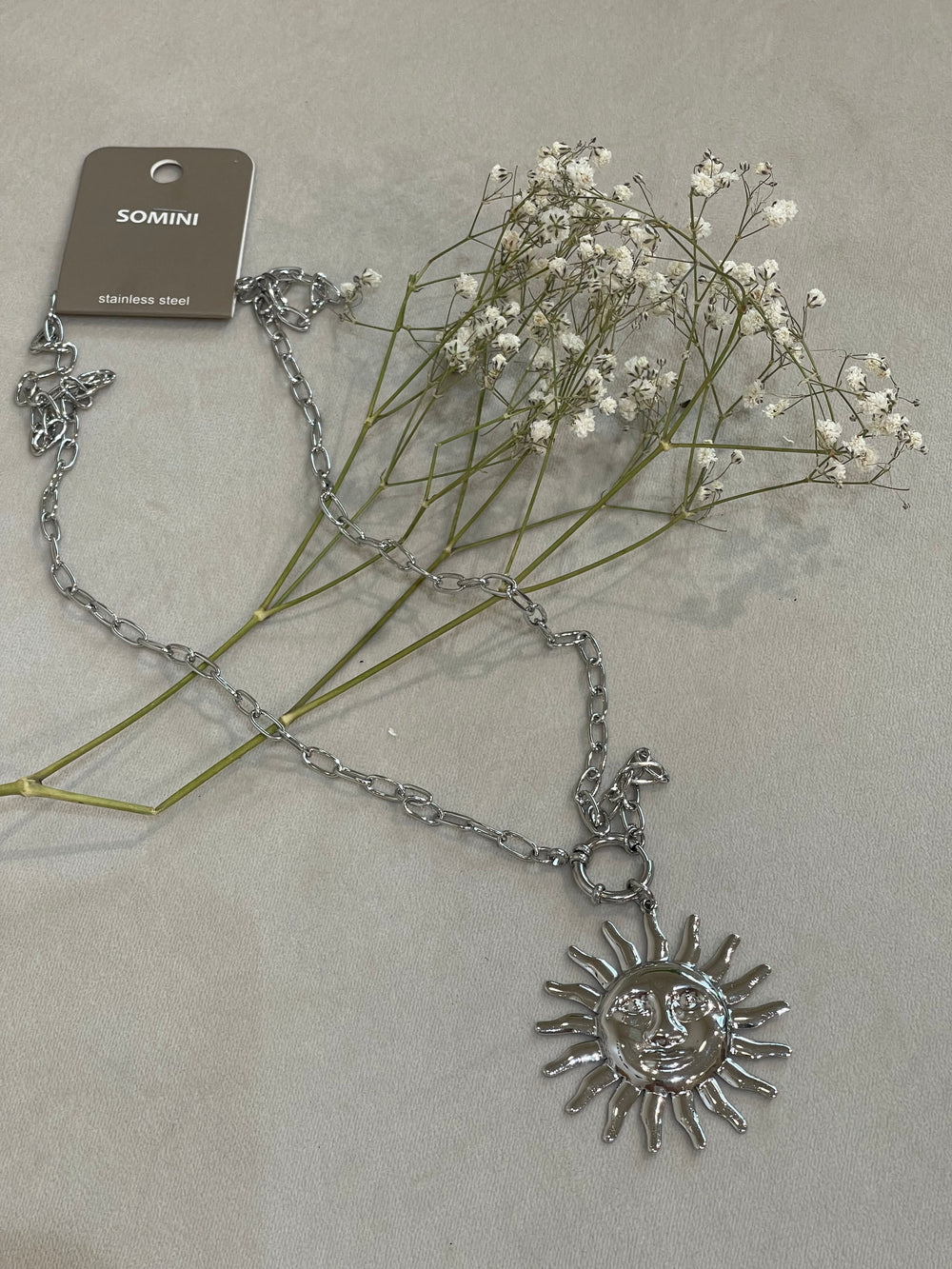 Collier long acief soleil argenté