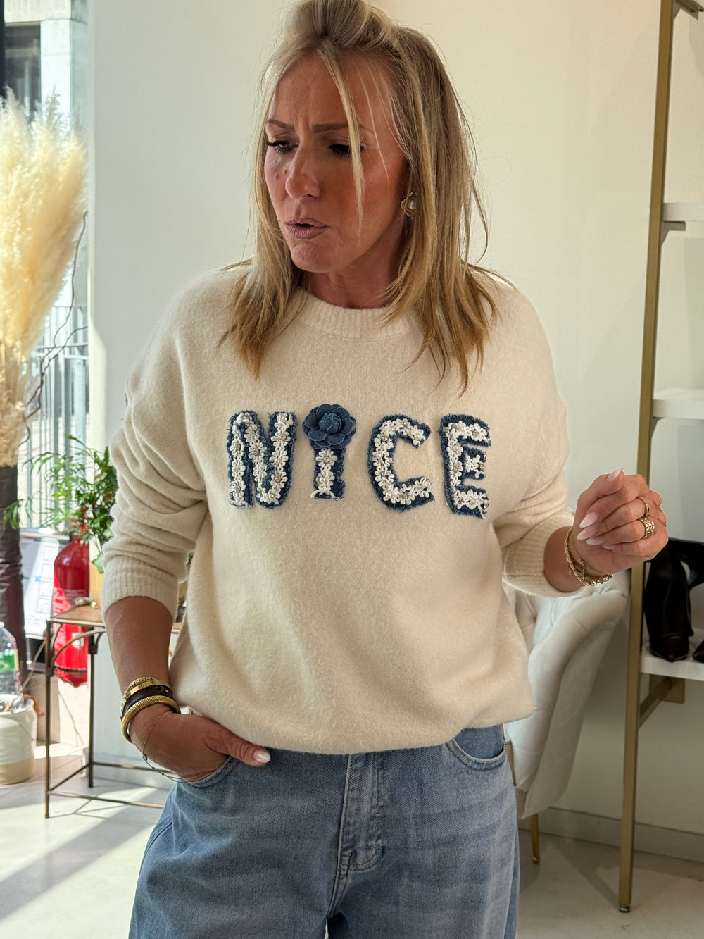 Pull Ecru NICE bleu 4007