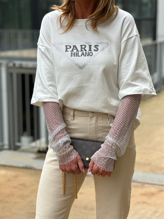 T-shirt blanc Paris manches strass