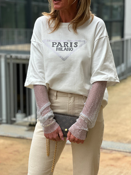 T-shirt blanc Paris manches strass