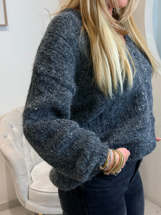 Pull gilet maille gris sequin argenté 1813