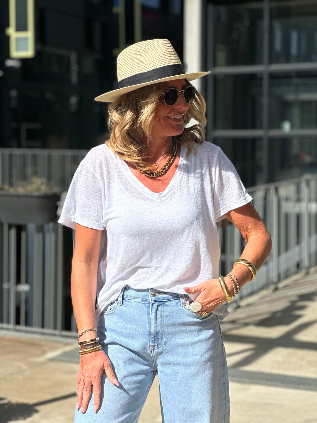 T-shirt lin col V Blanc
