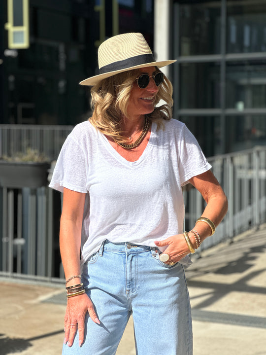 T-shirt lin col V Blanc