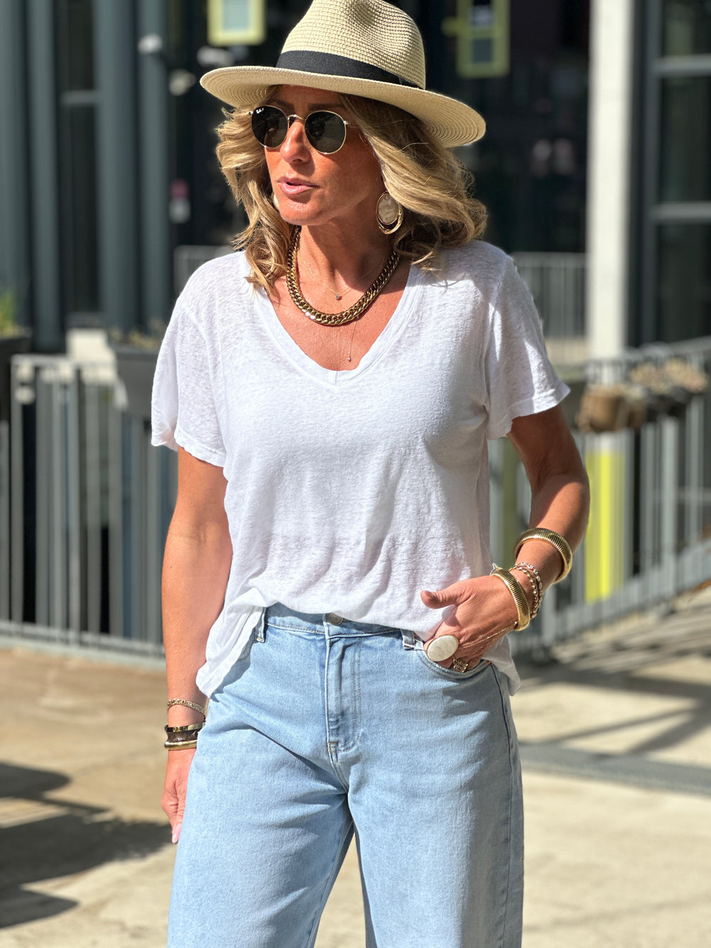T-shirt lin col V Blanc