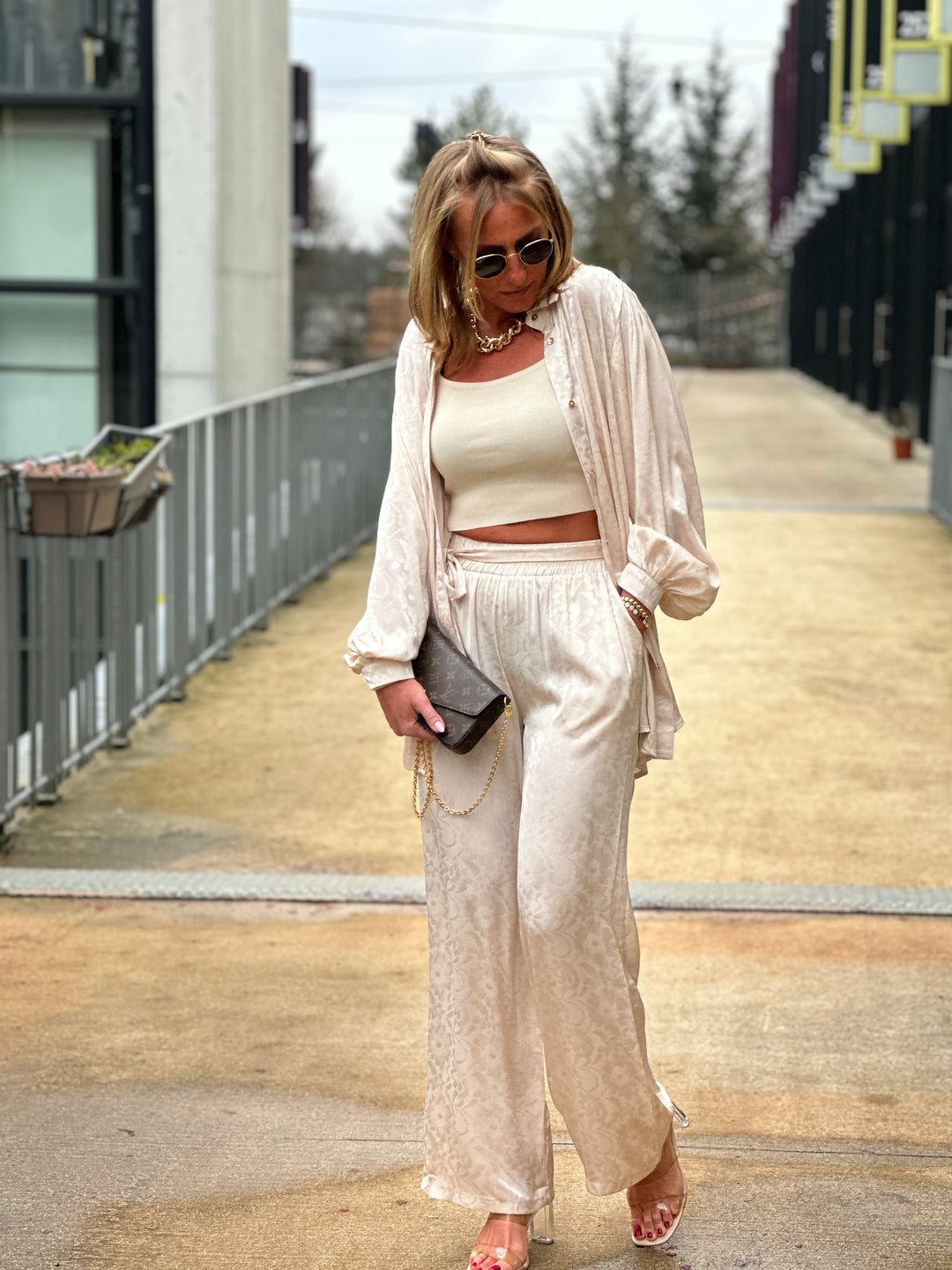Ensemble satin imprimé beige