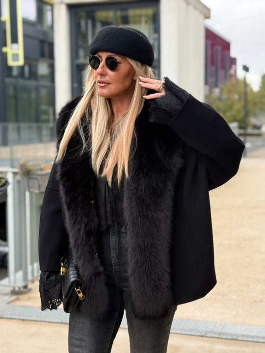 Manteau laine bandes fourrures Noir