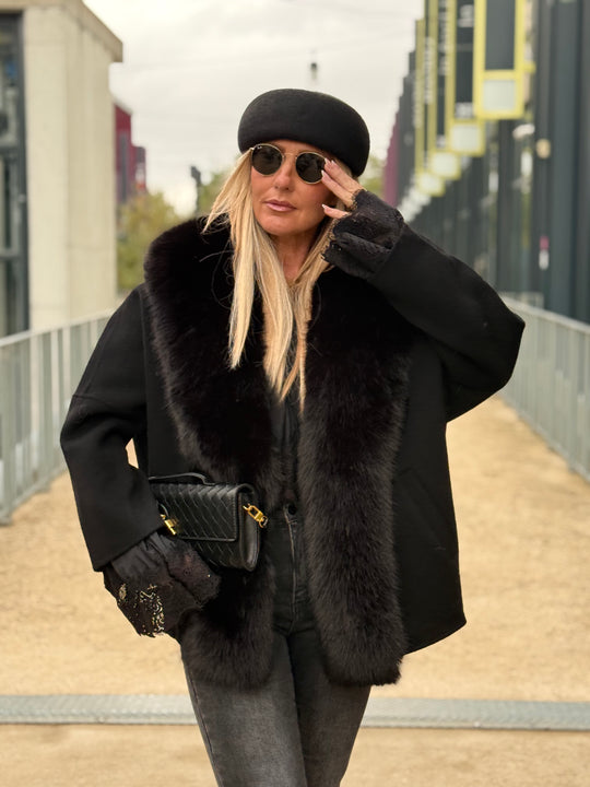 Manteau laine bandes fourrures Noir