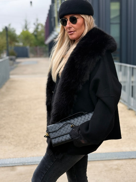 Manteau laine bandes fourrures Noir