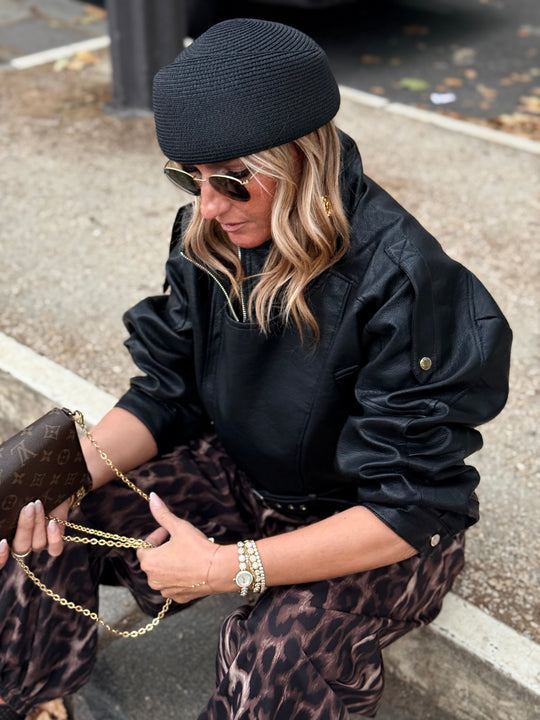 Veste similicuir cintré à la taille 8473 Noir