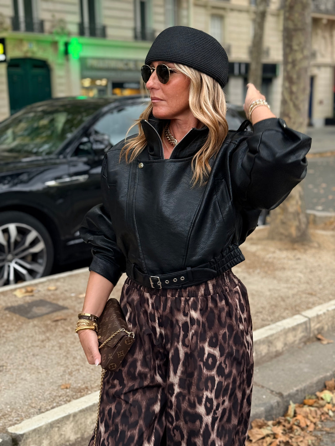 Veste similicuir cintré à la taille 8473 Noir