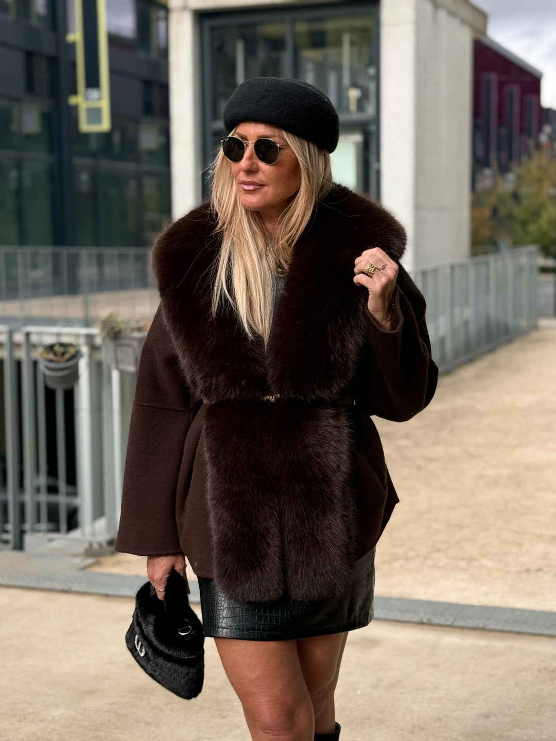 Manteau laine bandes fourrures Choco