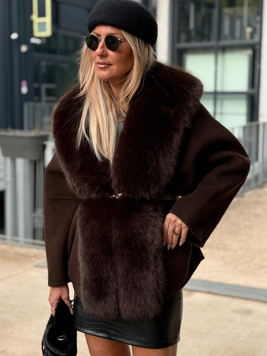 Manteau laine bandes fourrures Choco