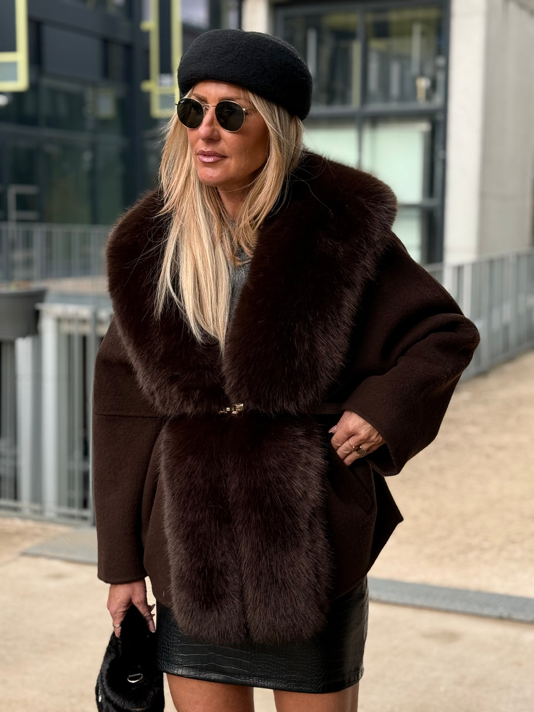 Manteau laine bandes fourrures Choco
