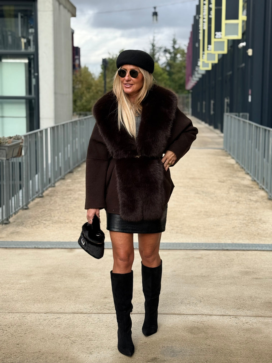Manteau laine bandes fourrures Choco