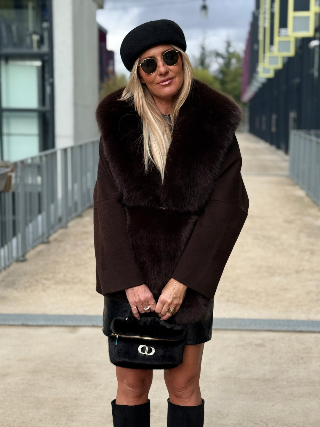 Manteau laine bandes fourrures Choco