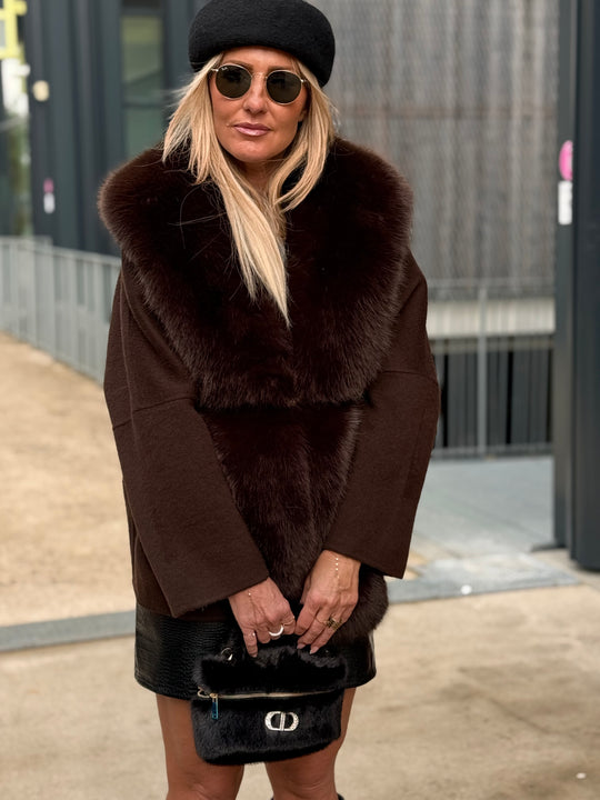 Manteau laine bandes fourrures Choco
