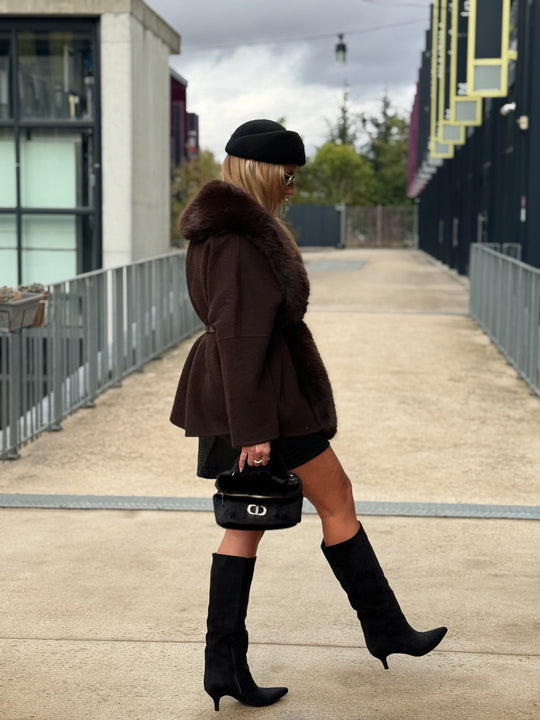 Manteau laine bandes fourrures Choco
