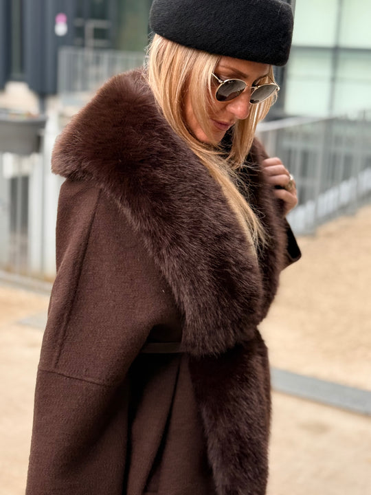 Manteau laine bandes fourrures Choco
