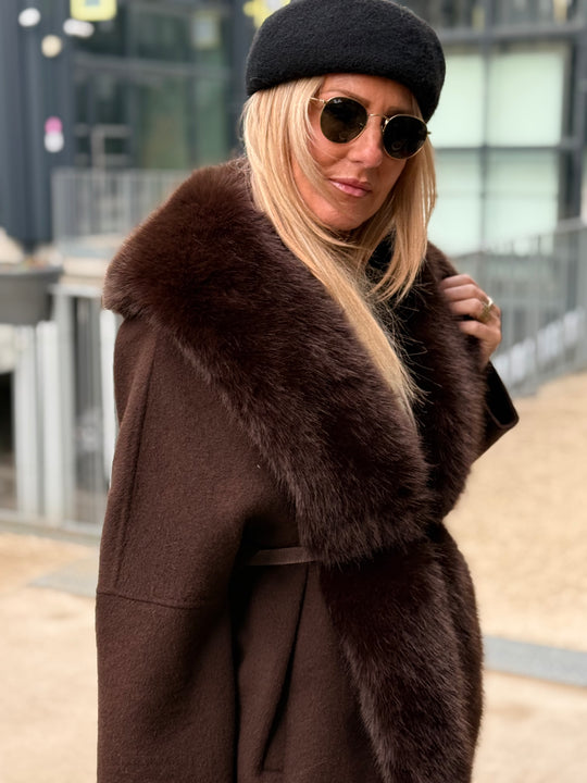 Manteau laine bandes fourrures Choco
