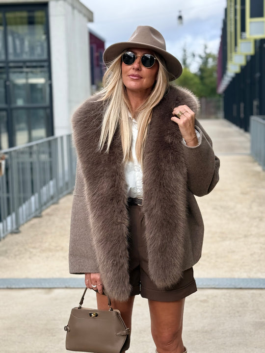 Manteau laine bandes fourrures Taupe