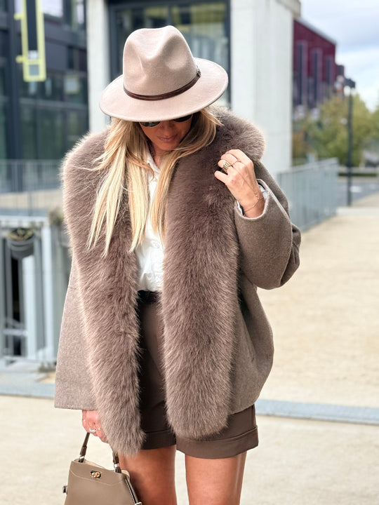 Manteau laine bandes fourrures Taupe