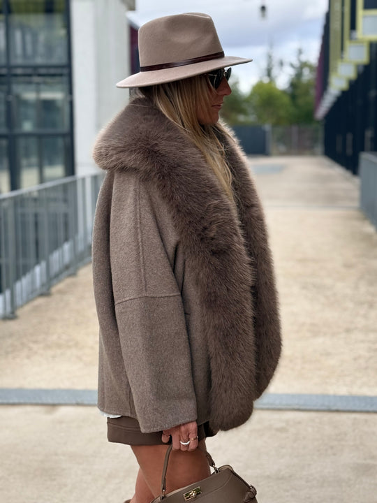 Manteau laine bandes fourrures Taupe