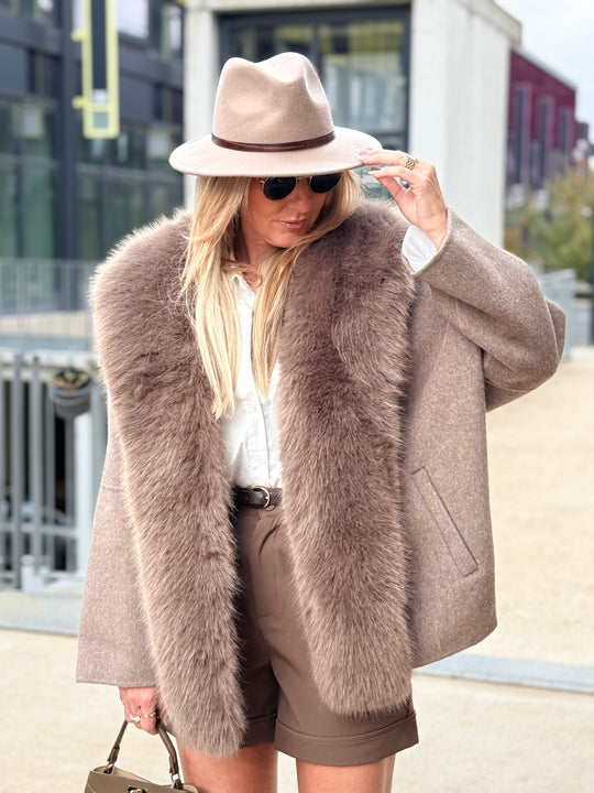 Manteau laine bandes fourrures Taupe