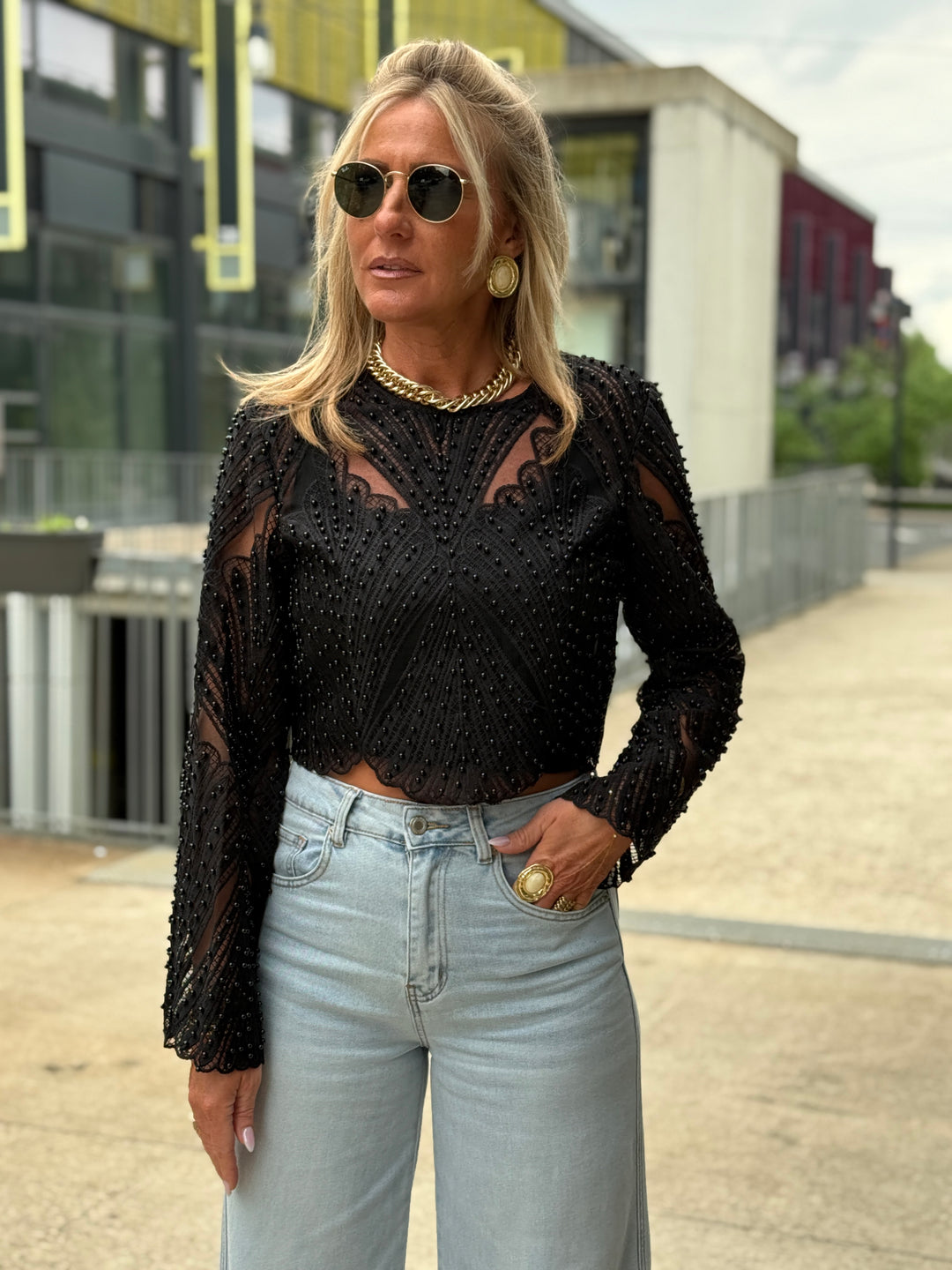 Top perles manches long 5030 Noir