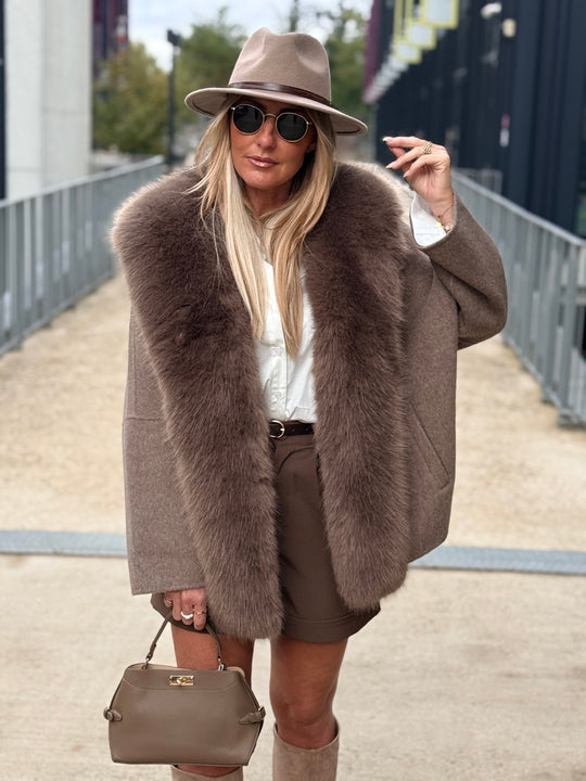 Manteau laine bandes fourrures Taupe
