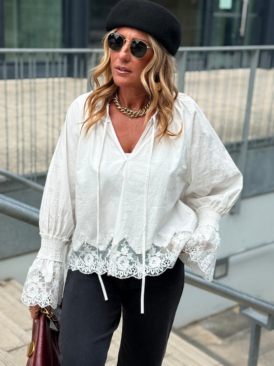 Blouse volant dentelles 5456 blanc