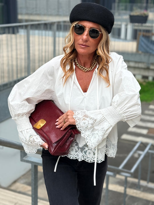 Blouse volant dentelles 5456 blanc