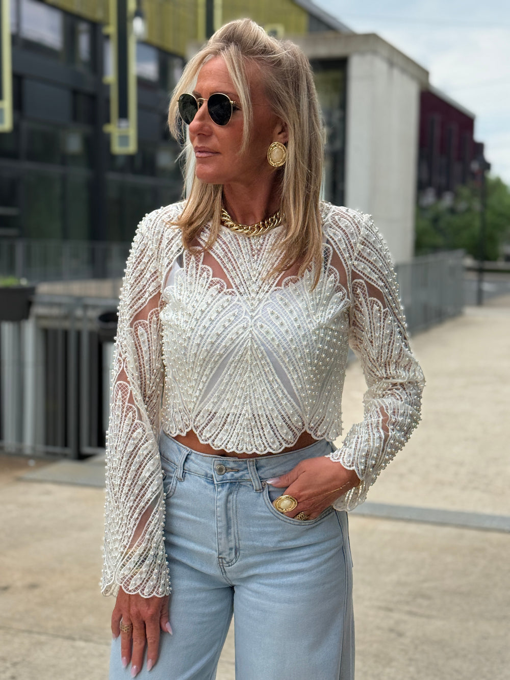 Top perles manches long 5030 écru