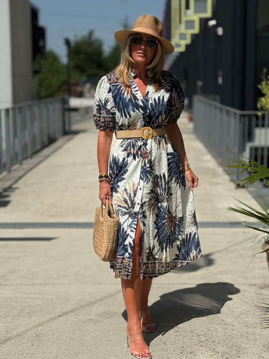 Robe feuille bleu epaules bouffante 1837