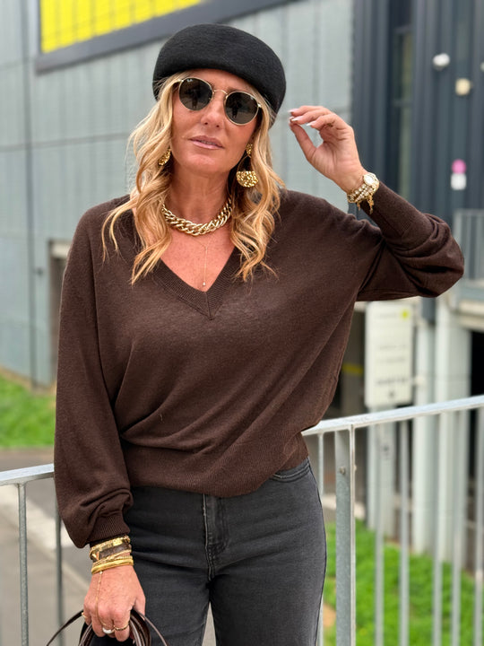 Pull laine simple col V 2032 Choco
