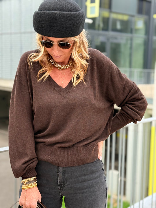 Pull laine simple col V 2032 Choco