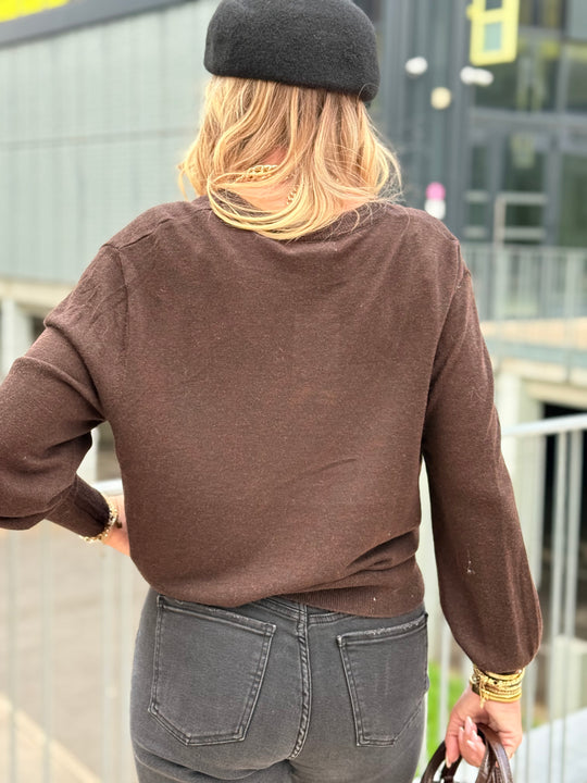 Pull laine simple col V 2032 Choco